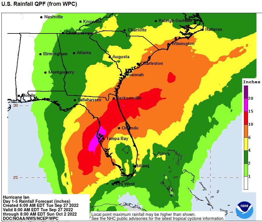 Image of NOAA National Hurricane Center's prediction rainfall from Hurricane Ian as of Tuesday (9/27/22).