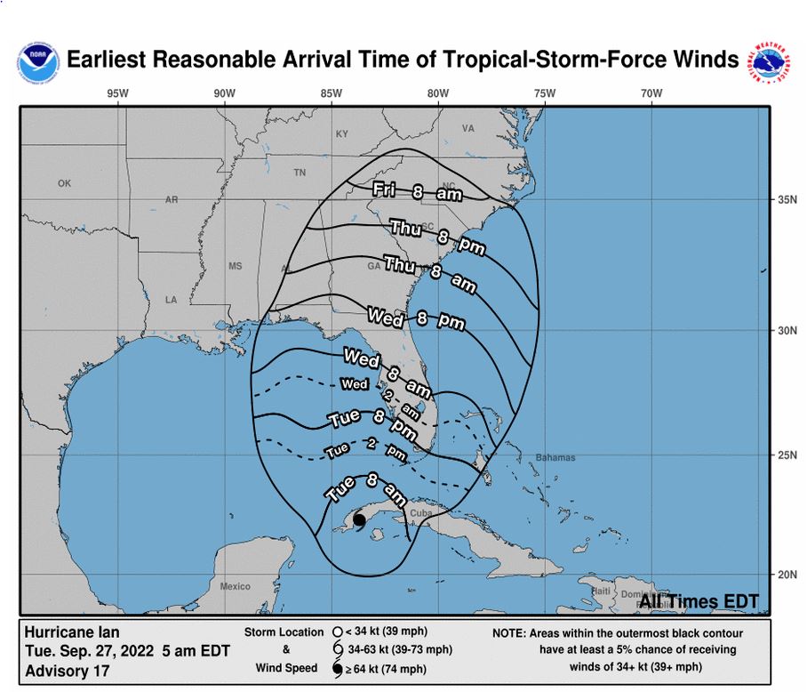 Image of NOAA Hurricane Center's prediction of the arrival time of tropical-storm-force winds. 
